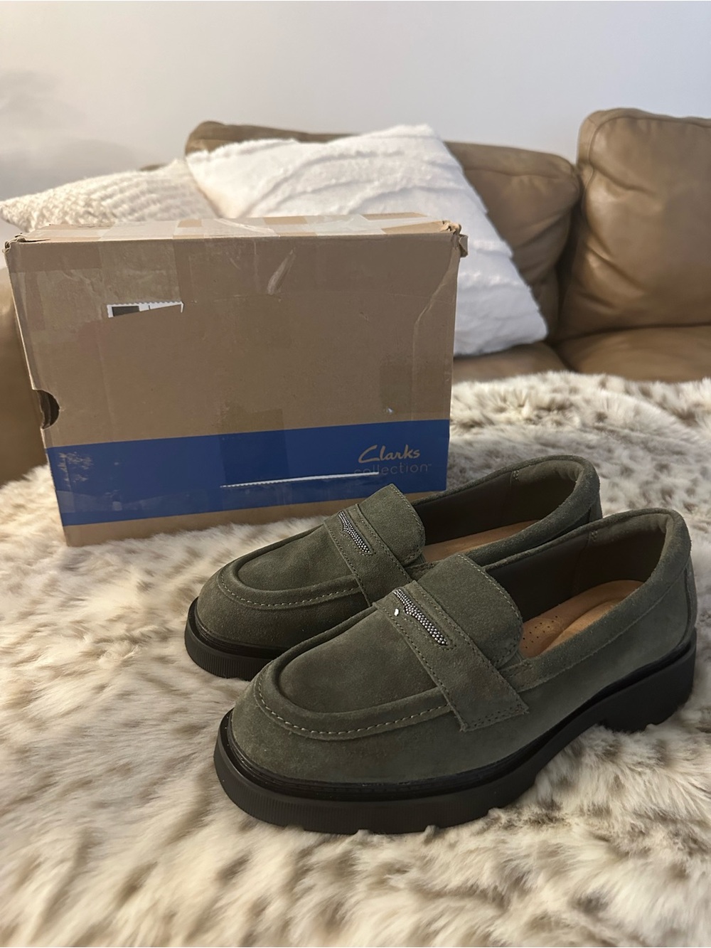 Clarks Olive Suede Lug Sole Penny Loafers